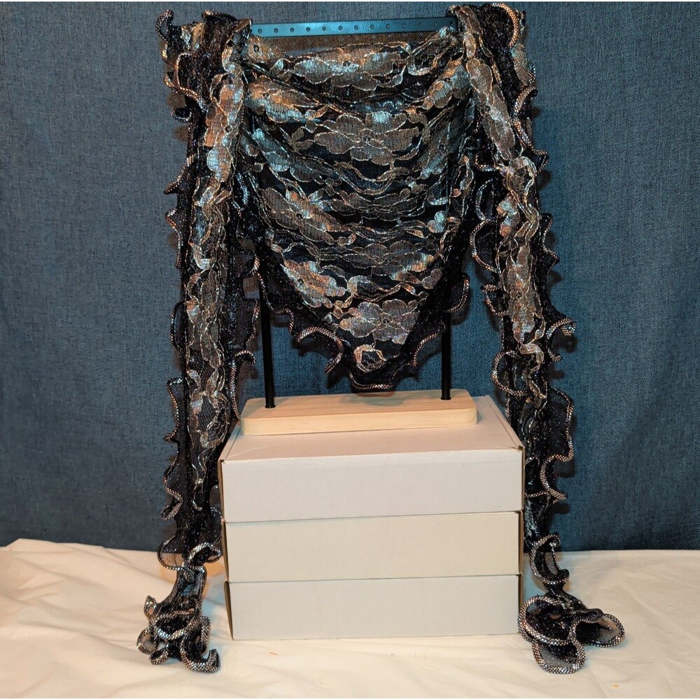 Laurena by LJL Metallic Lace Scarf Wrap Silver Black Ruffled Boho NWT 63x23